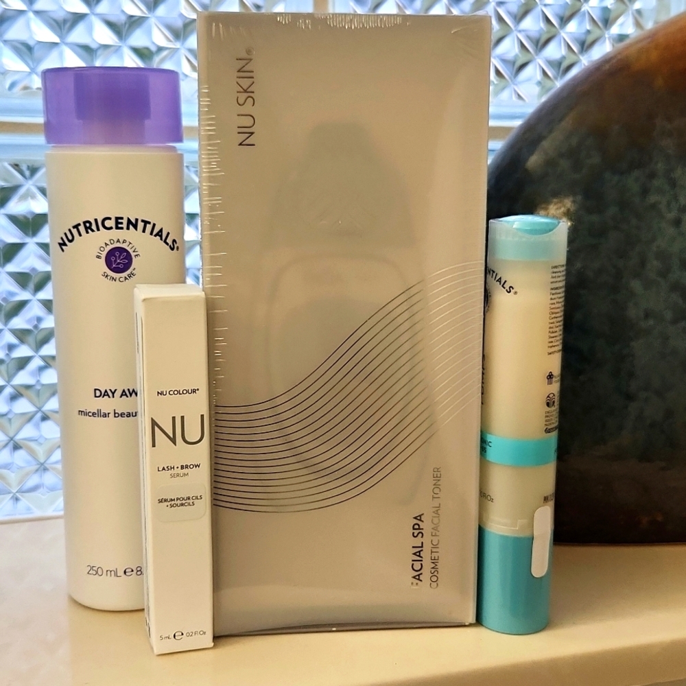 Nuskin facial spa machine, lash and brow, micellar water, hyaluronic acid pump